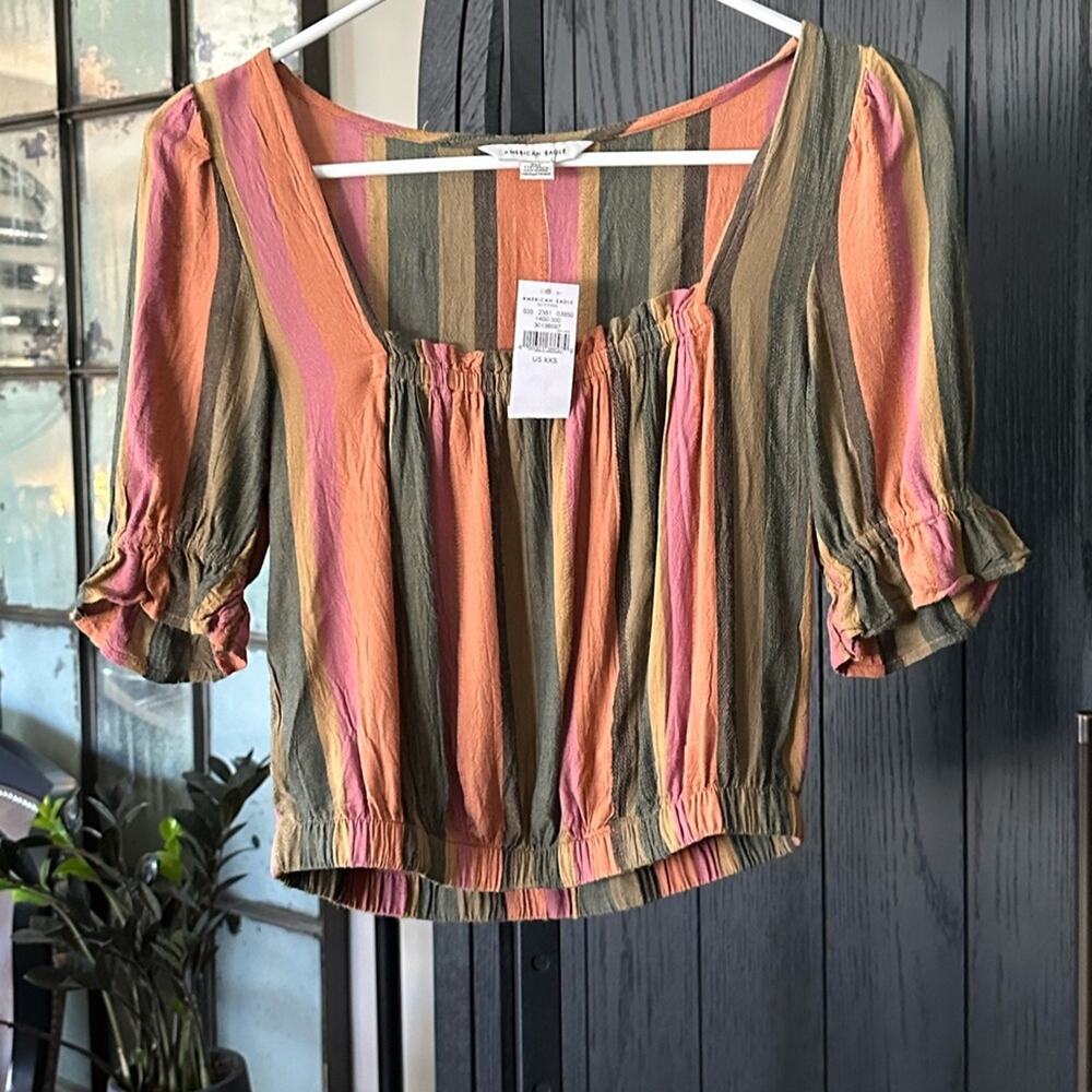 American Eagle NWT Womens 
Stripe Crop Top Short Sleeve Size XXSmall - Picture 2 of 5
